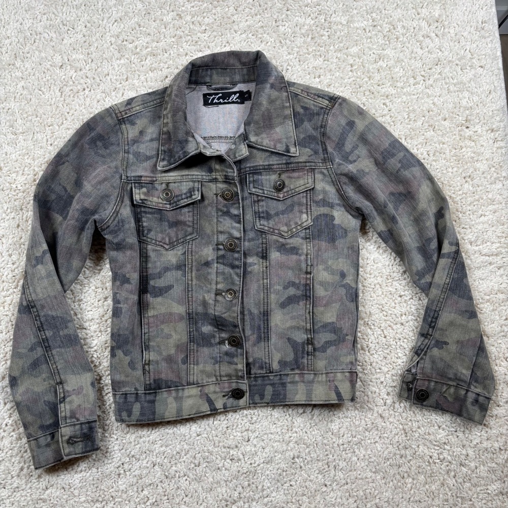 Thrill Womens Camo Denim Trucker Jacket Green Grey Camouflage Size S Cotton‎